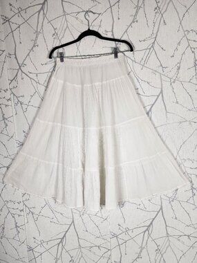 White Crinkle Gauze Cotton Elastic Waist Tiered Flowy Skirt
